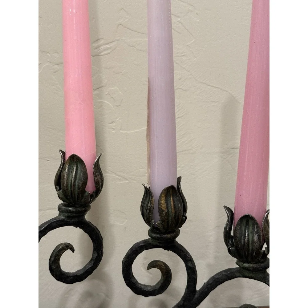 Metal Cast Iron Rose Candleholder  With 3 Flower‎ Buds Vintage